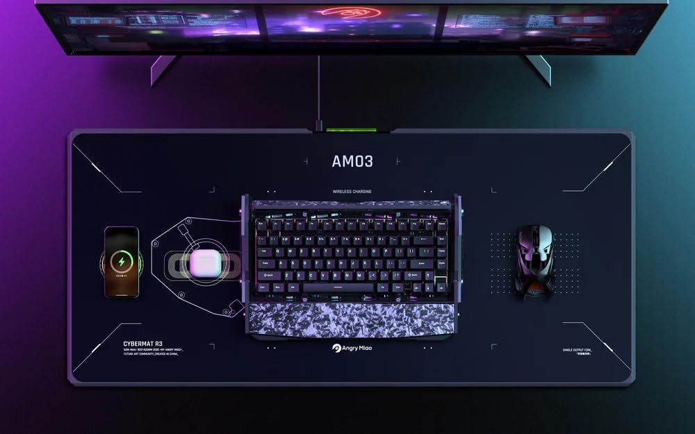 Angry miao 無線充電滑鼠墊,大型 RGB 遊戲桌墊,快速無線充電區域,延長防滑滑鼠墊,適合辦公室和遊戲,耐用防水表面