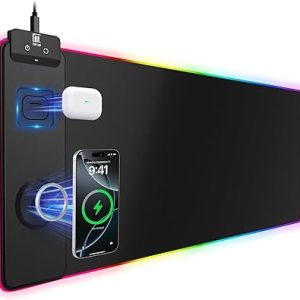 滑鼠墊附磁性無線充電,大型桌墊保護套,RGB 黑色滑鼠墊桌墊,附 15W 快速充電器,4 公釐厚防滑防水筆記型電腦寫字板,適用於辦公室、居家、遊戲