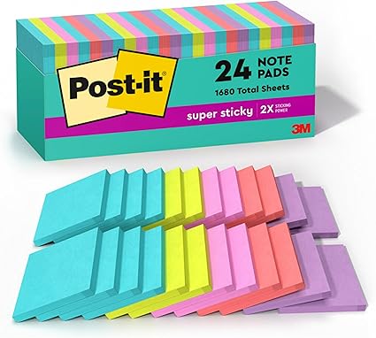 Post-it 超黏便箋,24 個黏性便箋墊,3 x 3 英吋(約 7.6 x 7.6 公分),學校用品,辦公用品,2 倍黏力,Supernova Neons 系列