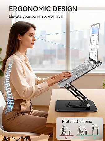 tounee 筆記型電腦支架,適用於書桌,可調節電腦支架,附 360° 旋轉底座,符合人體工學的筆記型電腦立架,適用於 MacBook Pro Air,所有筆記型電腦 10-15.6 英吋 - 黑色:圖片 5