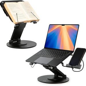 3 合 1 可調式筆記型電腦支架、書架和手機座 - 360° 旋轉顯示器適用於所有筆記型電腦 - 21-21 英吋(約 5.0-53.3 公分)高度適用於人體工學 - 辦公桌配件 - 時尚 - 專利 - 天空黑