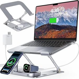 Meifigno 筆記型電腦支架 附無線充電底座,可折疊鋁質 MacBook 支架 附 MagSafe 充電器,適用於 iPhone/iWatch/AirPods,30W USB-C 充電,適用於所有筆記型電腦,附 65W 轉接器