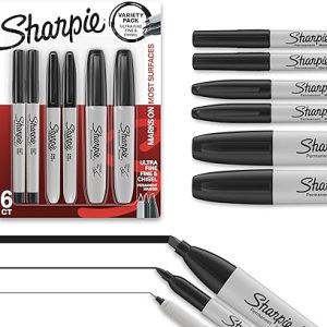 Sharpie 油性麥克筆多種包裝,包括鑿子、精細和超細筆尖、馬克筆組、書寫、著色、海報、辦公室、學校用品,黑色,6 入